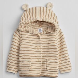 GAP Striped Hooded Baby Cardigan with Ears - Oatmeal Stripe Cream & Tan 9-12 mos